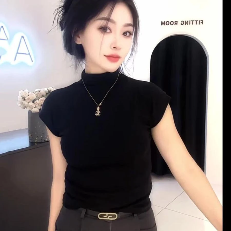黑色半高领短袖t恤女夏季修身收腰显瘦内搭打底衫上衣正肩小飞袖