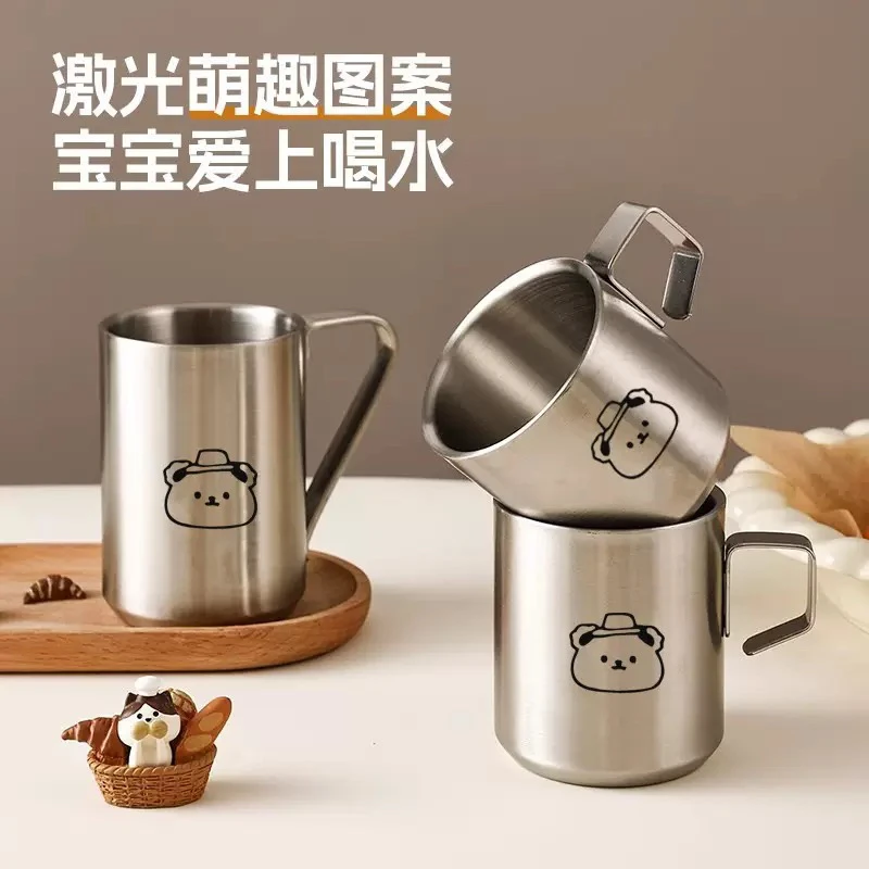 卡通可爱不锈钢牛奶杯创意双层儿童杯防摔水杯带手柄办公室咖啡杯