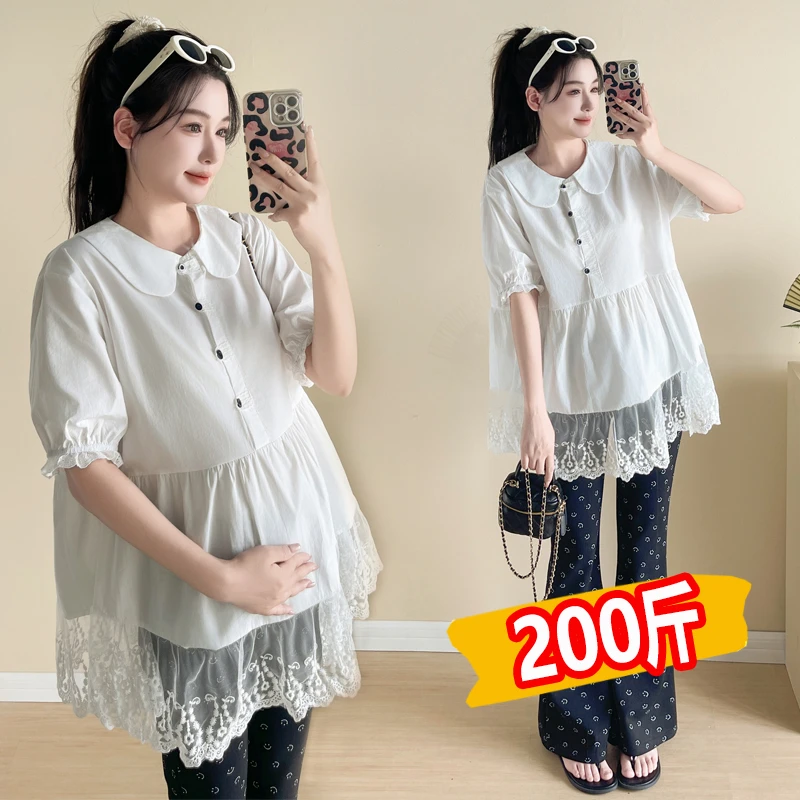 大码孕妇娃娃衫短袖上衣女2025夏季蕾丝花边高级感时尚宽松200斤