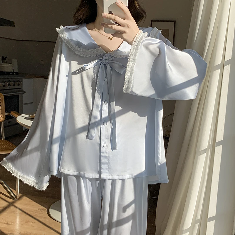 春季新款公主领丝带蕾丝睡衣高级感甜美丝柔透气长袖长裤套装1733