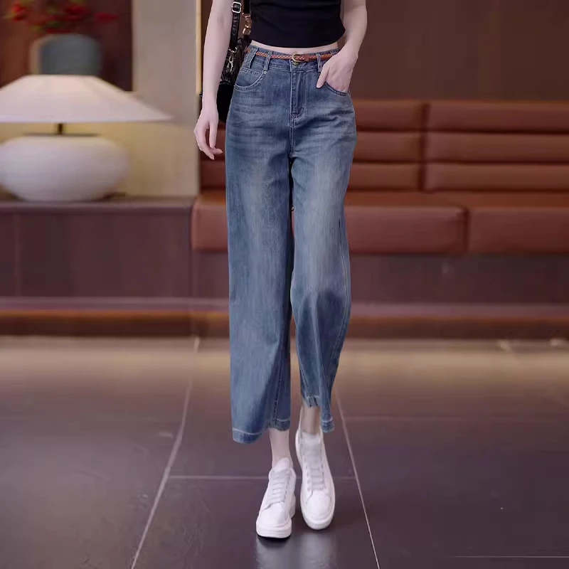 拉夏贝尔高腰直筒八分牛仔裤女2025年夏季薄款新款宽松时尚阔腿裤