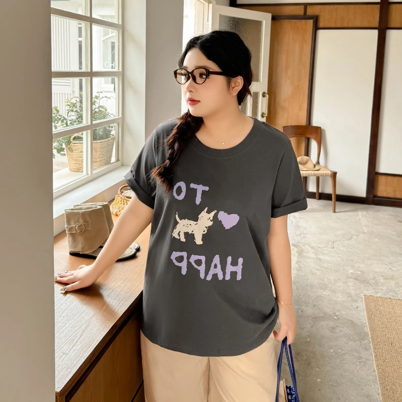 DX7158大码女装【涂鸦小狗T】复古休闲印花短袖t恤夏季百搭显瘦上衣