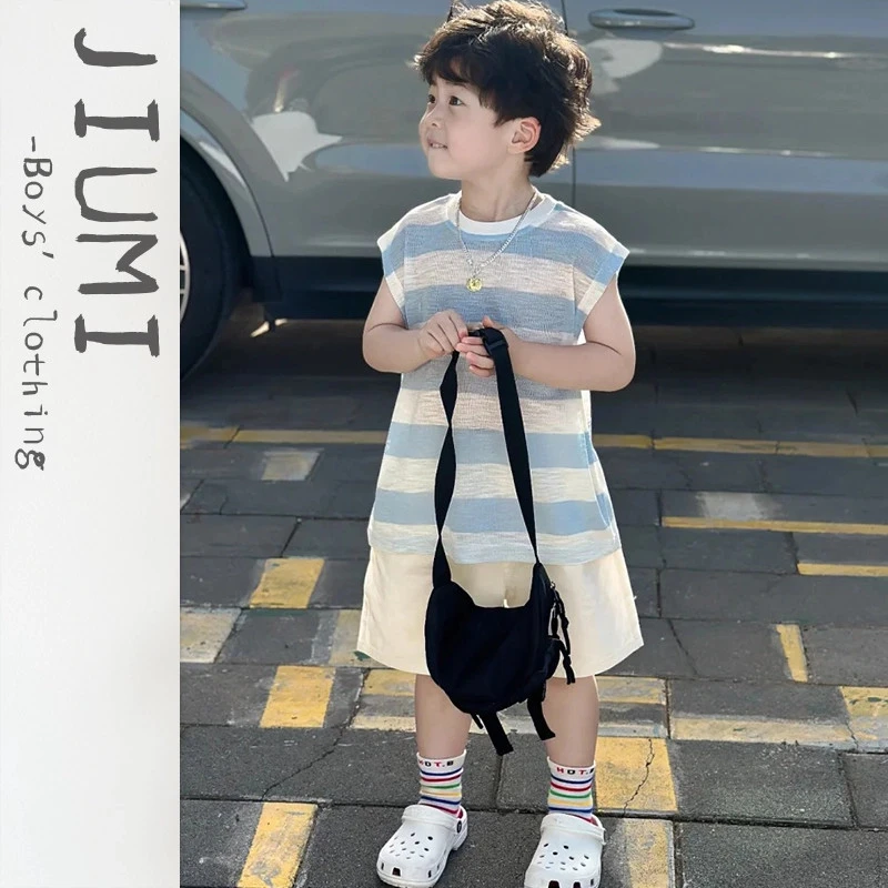 男童2025夏季新款年条纹背心蓝色透气两件套宝宝休闲短裤韩版套装