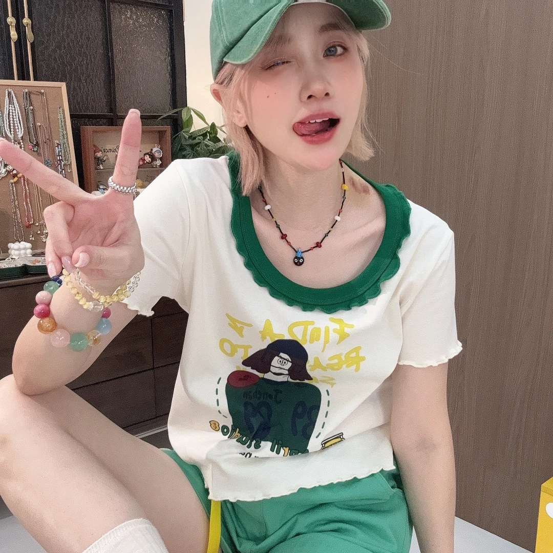 Apr.【冰球队长】花苞边圆领数码印夏季宽松小众减龄T恤女25ST328