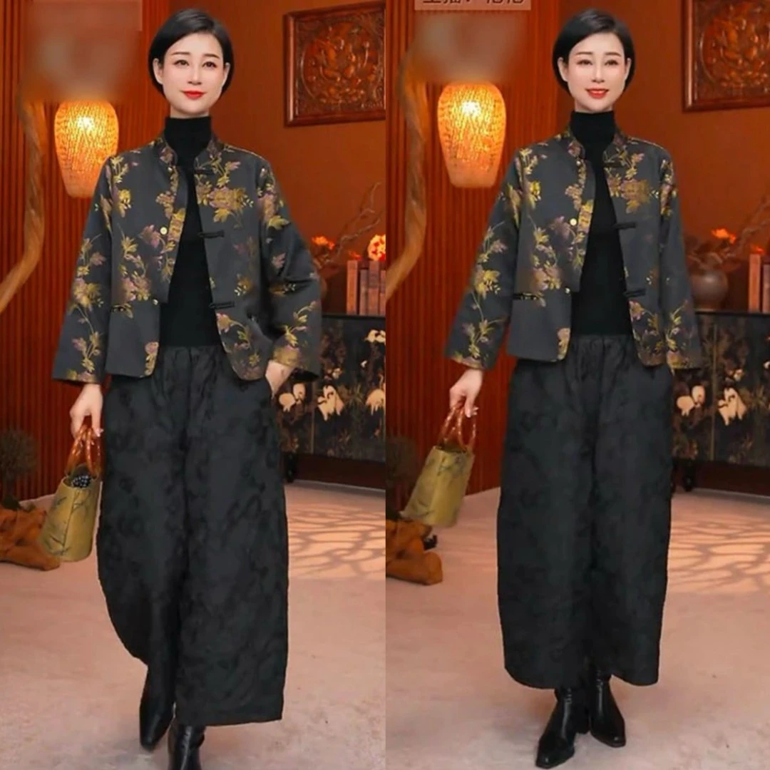 欧洲站2025春季新款时尚设计重工高端精致国风立领外套长裤女