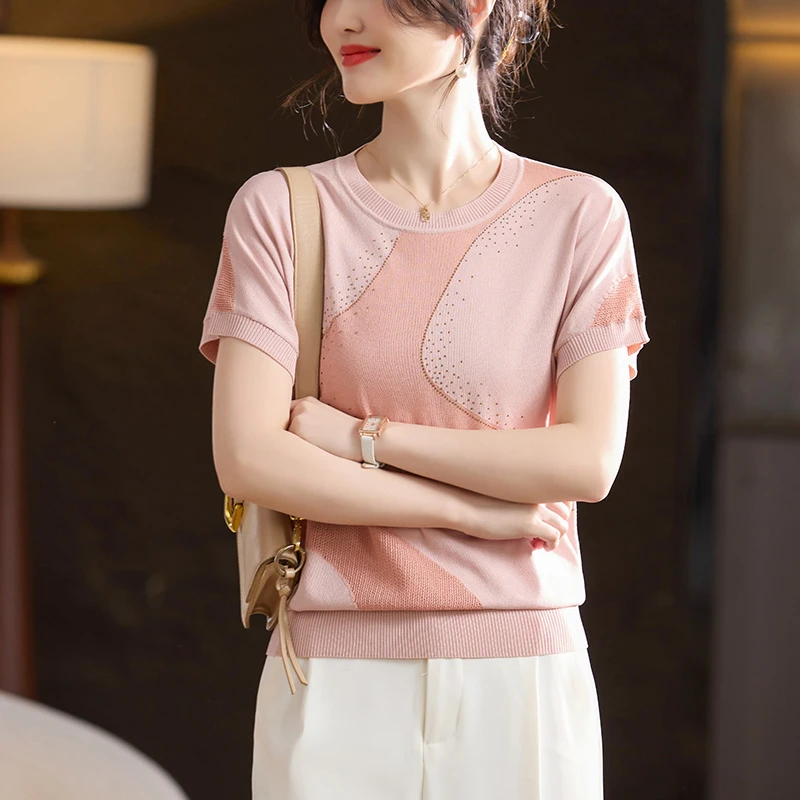 洋气妈妈夏装拼接针织短袖上衣中老年女装宽松大码夏季母亲节T恤