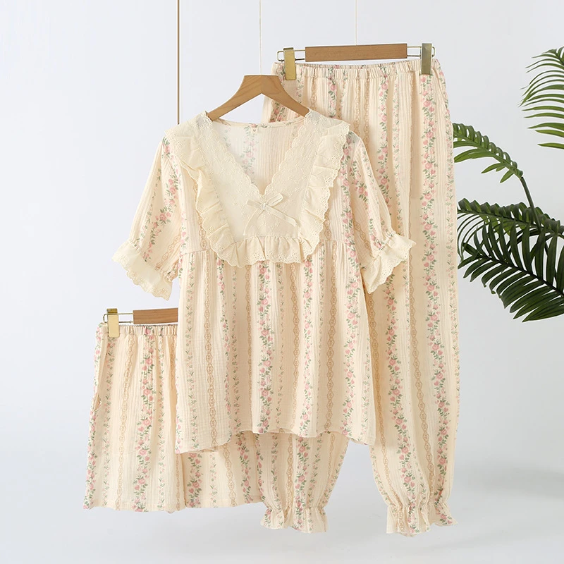 三件套睡衣纯棉夏季女薄款宽松法式四季可外穿短袖长裤家居服套装