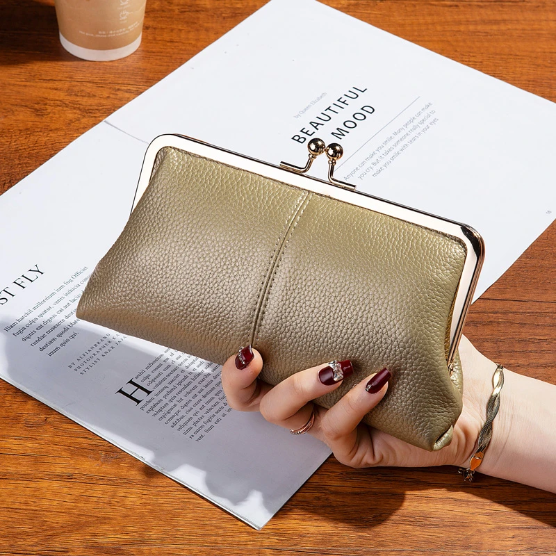 头层牛皮长款金色招财钱包夹子手拿包女2025新款真皮大钞夹放手机