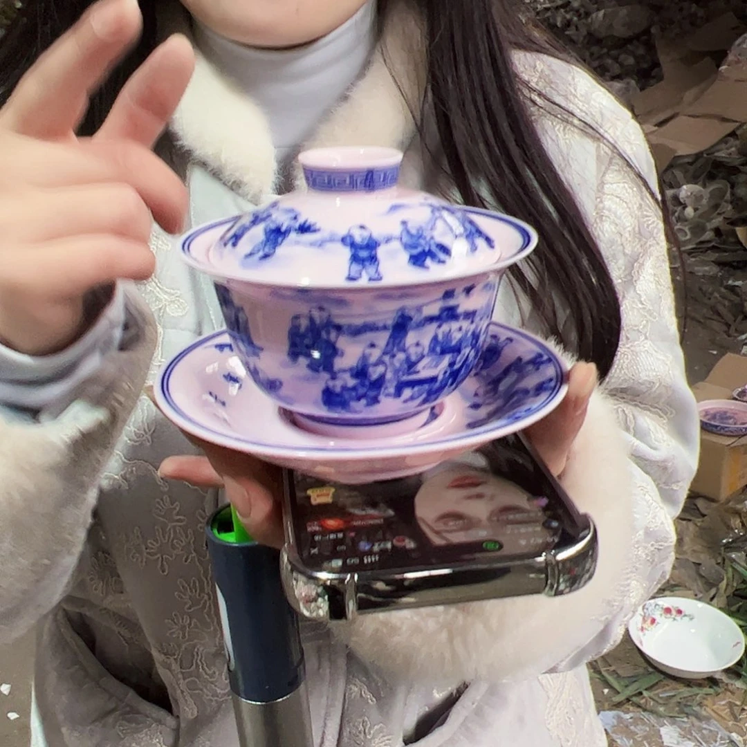 摆件陶景德镇红xixi百子图三才盖碗