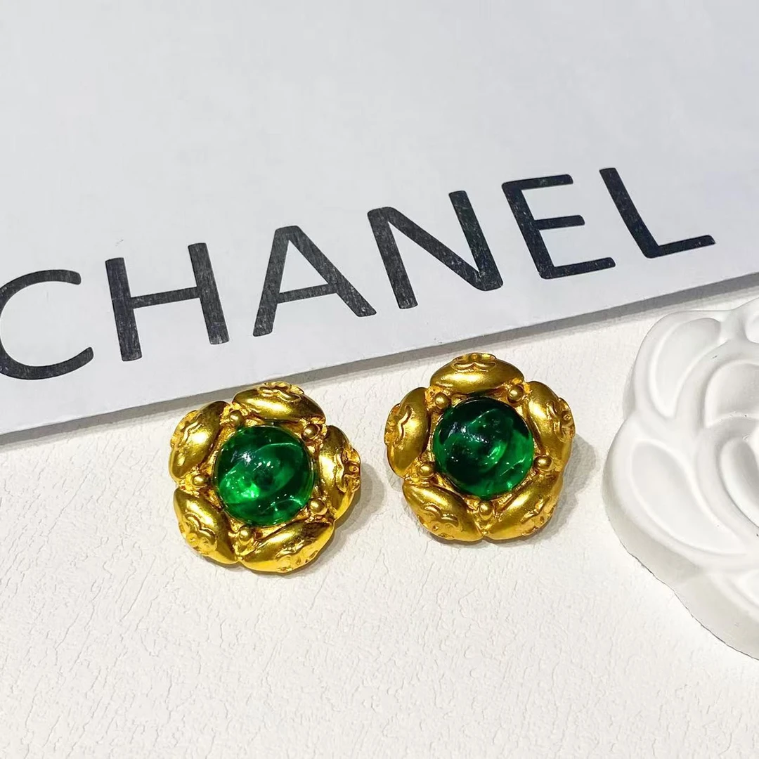 95新 Chanel/香奈儿 中古花朵绿琉璃耳夹/M52141