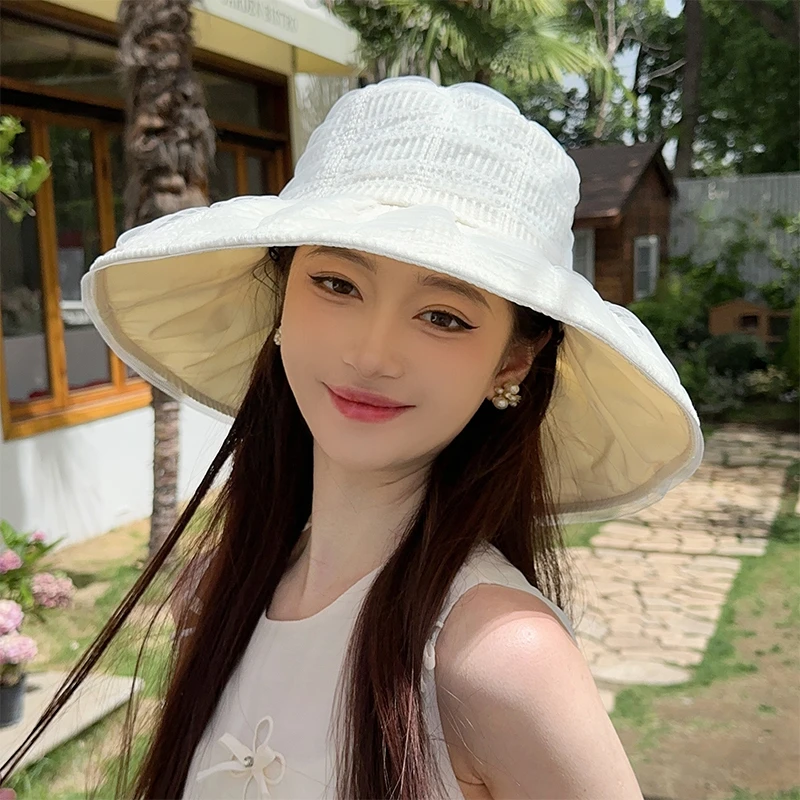 夏天遮阳帽褶皱帽子蕾丝透气防晒户外帽子大头围显脸小帽檐渔夫帽