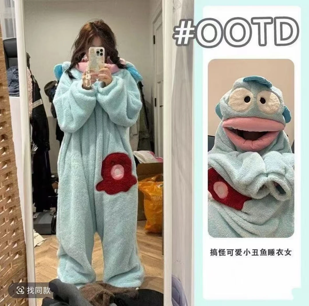 人鱼汉顿丑鱼睡衣连体珊瑚绒秋冬季加厚保暖连帽毛绒睡袋卡通外穿
