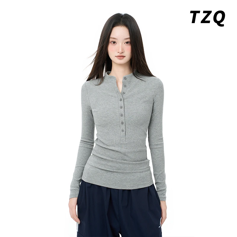 灰色v领正肩长袖t恤女秋2025新款内搭打底修身亨利上衣TZQ2582117