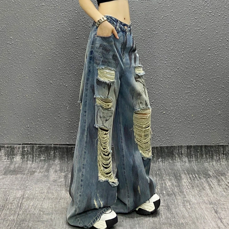 刷漆破洞设计感复古蓝牛仔裤女夏新款高腰宽松显瘦百搭直筒阔腿裤