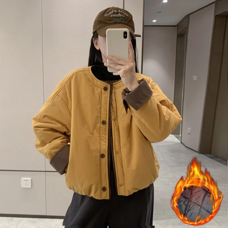 2025秋冬新款女士高级感撞色圆领棉服外套减龄休闲保暖夹克棉衣潮