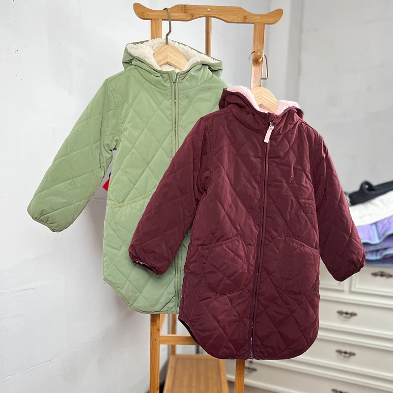 H825-Z2童装115-170码欧美儿童中长款棉袄棉衣女童双面穿外套外贸