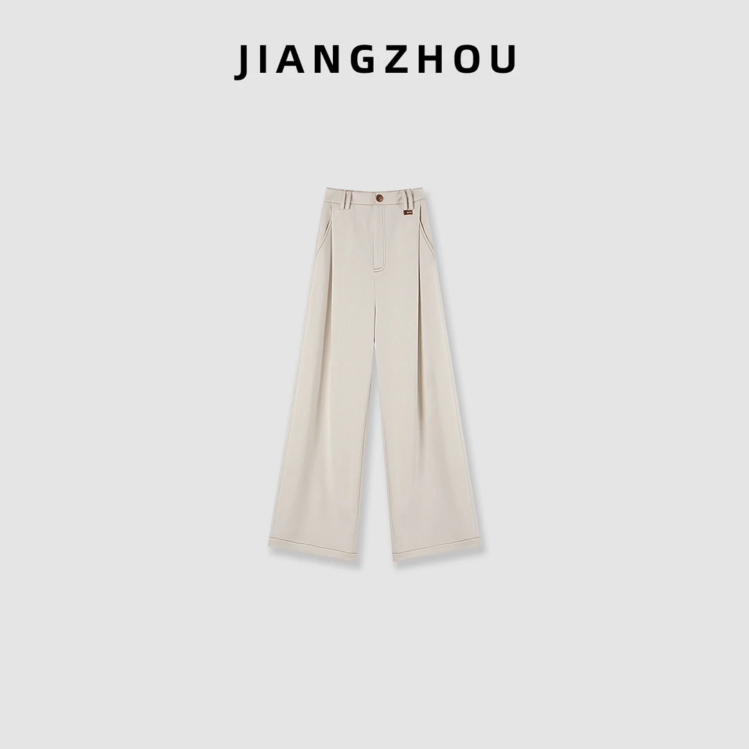 江洲【杏梓】秋季新款老钱风内侧绒面撞色线设计款高腰微阔腿休闲裤
