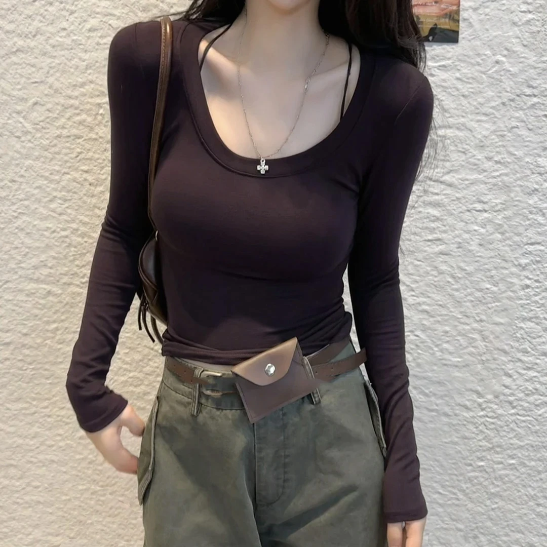 【有运费险】纯欲风U领内搭打底衫显瘦洋气长袖T恤女秋性感辣妹修身