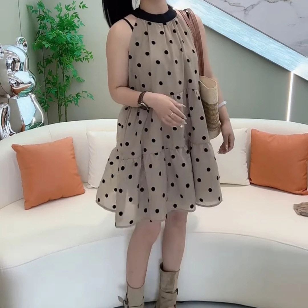 女士夏季无袖系带挂脖波点宽松显瘦短裙连衣裙