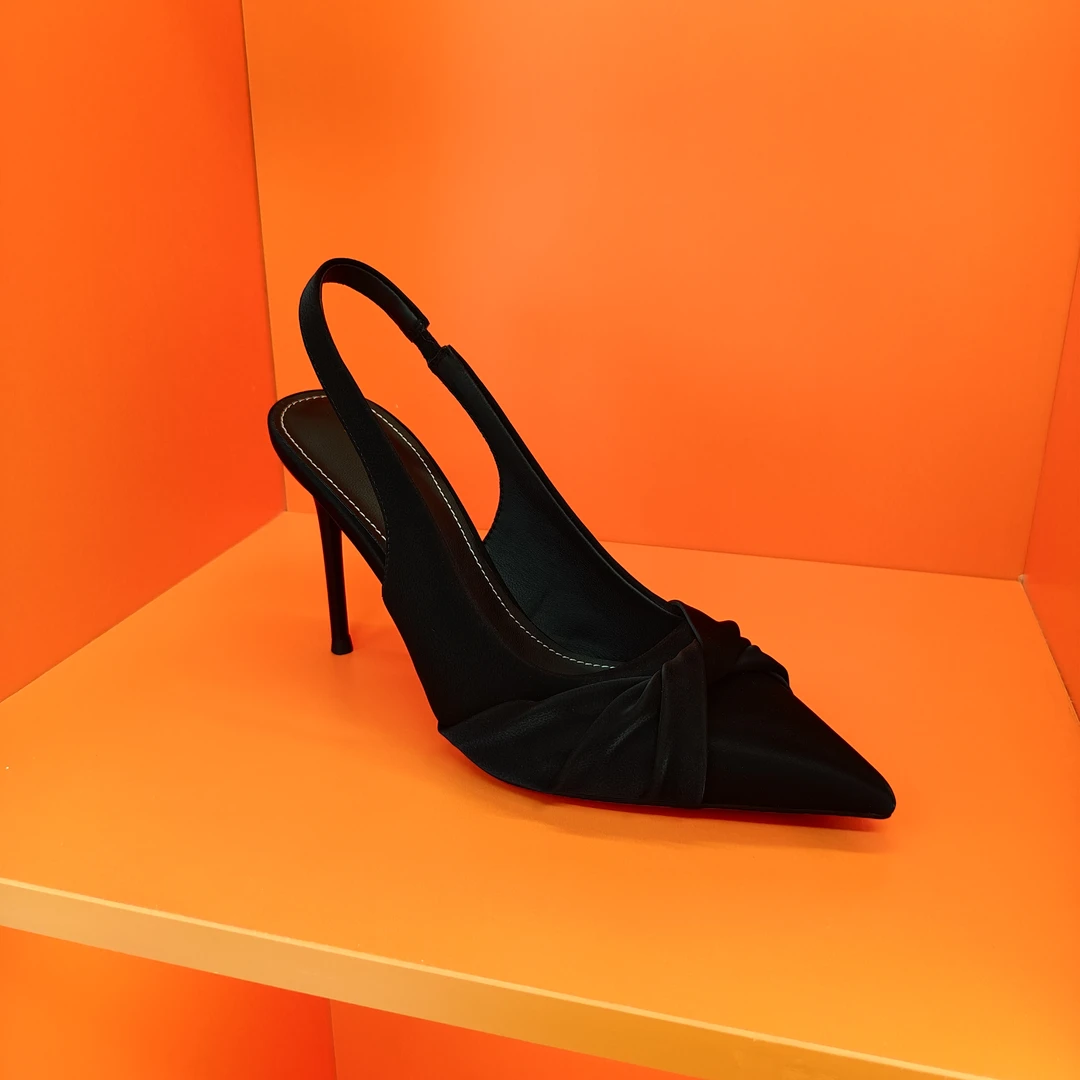 羊皮【9~7公分】2025夏季新款后空黑色细跟尖头气质百搭浅口高跟鞋