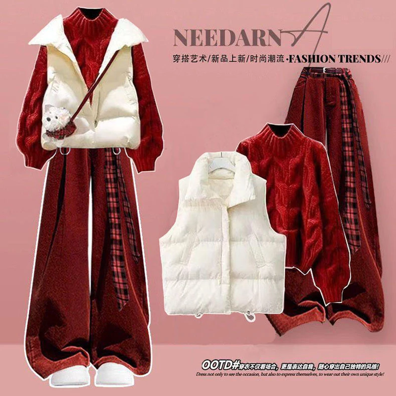 独特漂亮圣诞红毛衣女巨好看的冬装一整套穿搭马甲棉服阔腿裤套装