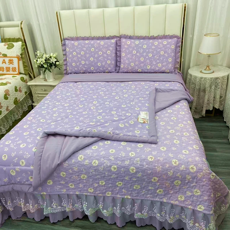 新款针织棉床盖夏被四件套空调被夏凉被双人被芯花边床裙可机洗