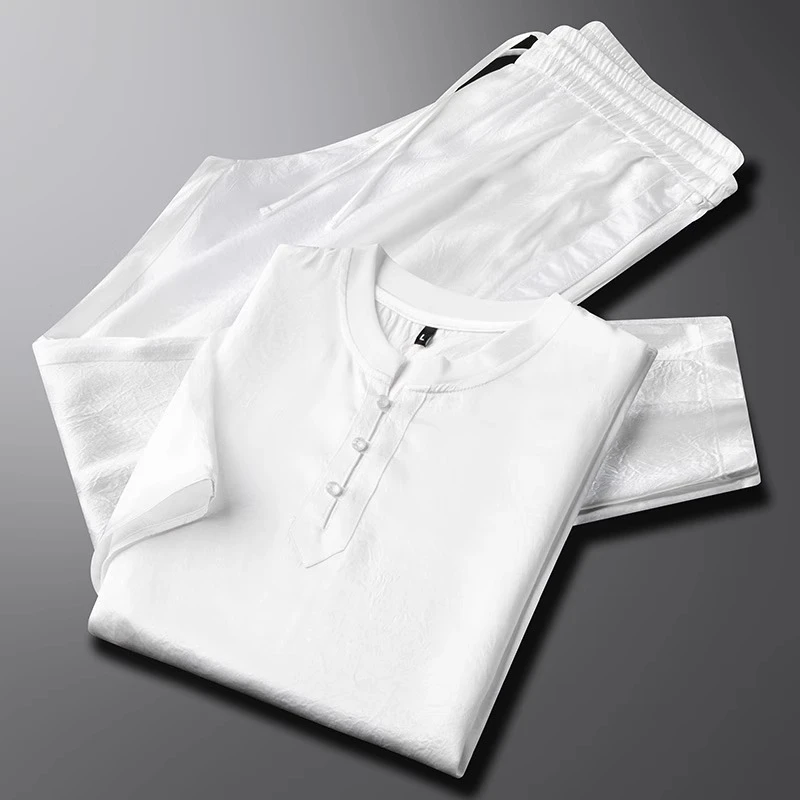 轻奢时尚精致感醋酸白色休闲运动套装新款夏季薄款舒适丝滑两件套