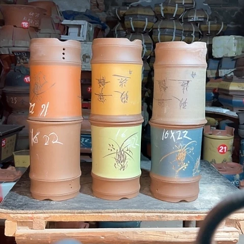 紫砂花盆竹节盆6只