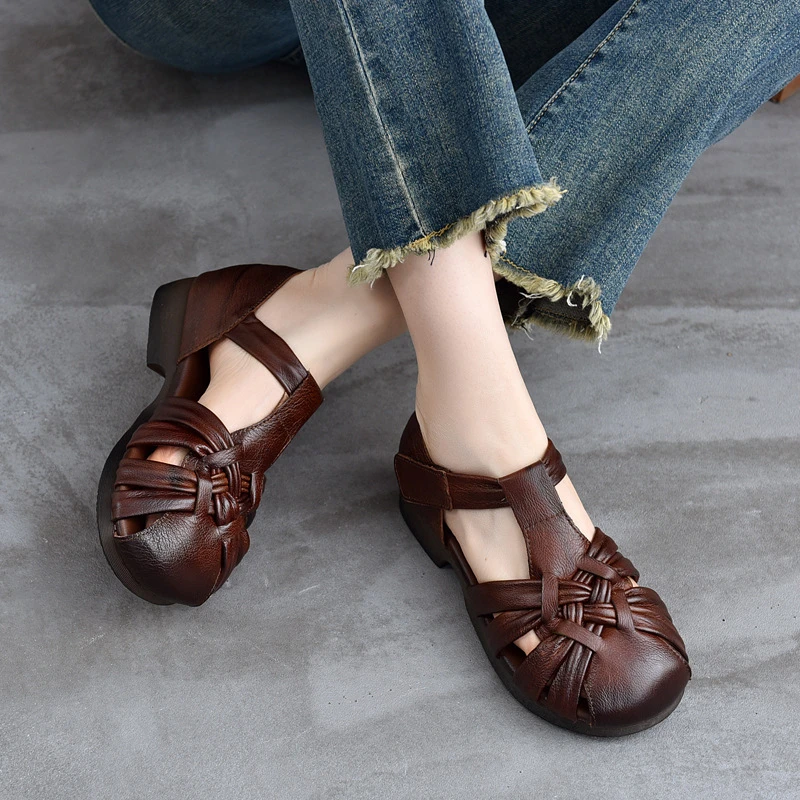 头层牛皮时尚镂空罗马凉鞋2025夏新款时尚编织舒适百搭休闲凉鞋女