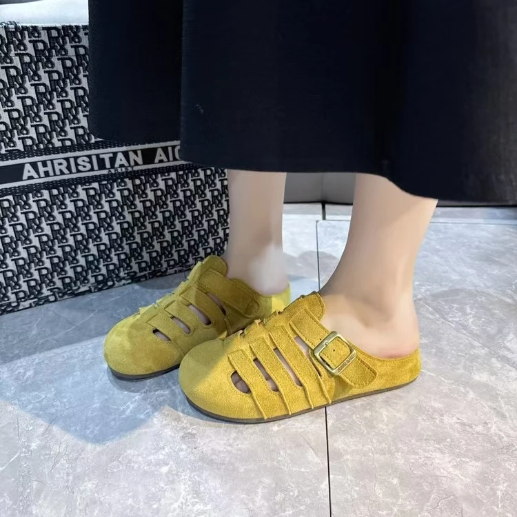 复古镂空罗马博肯鞋女2025新款春夏外穿一脚蹬内增高懒人包头半拖