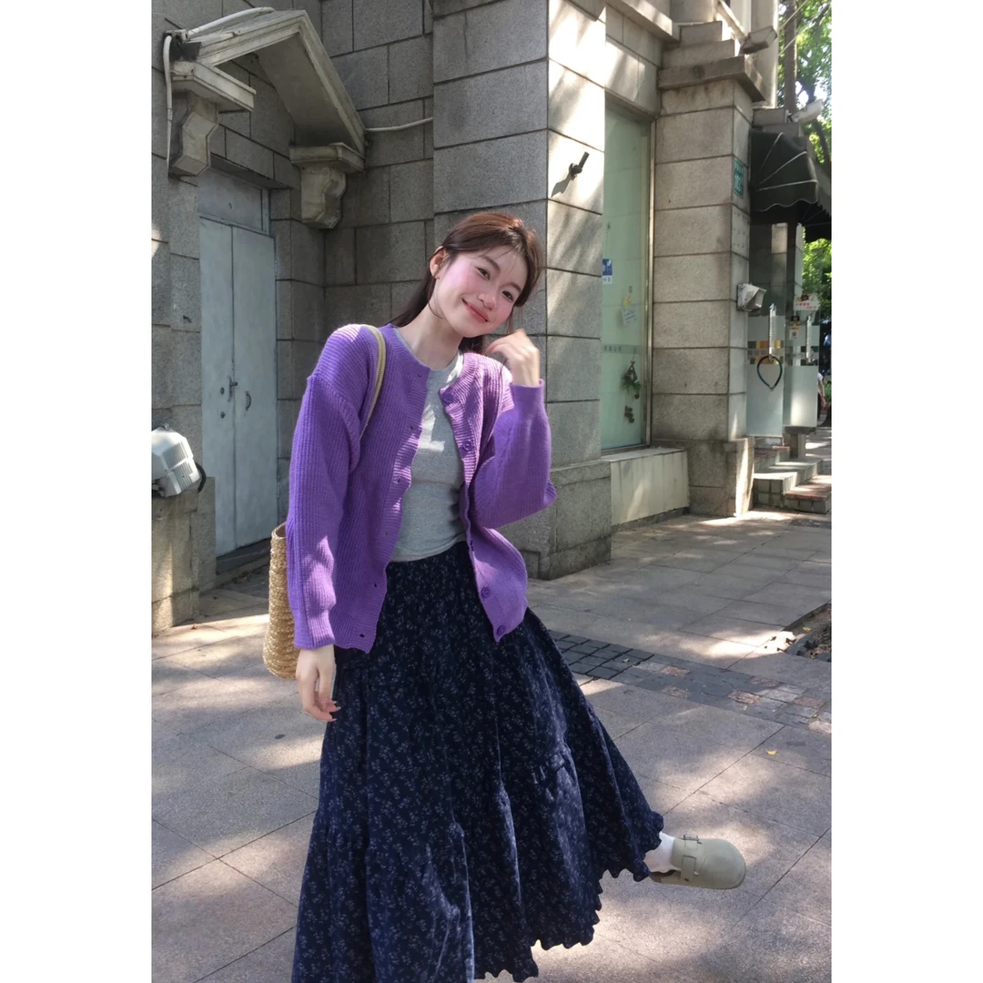 1699#ins风~宽松百搭文艺复古花边拼接碎花半身裙中长款a字裙子