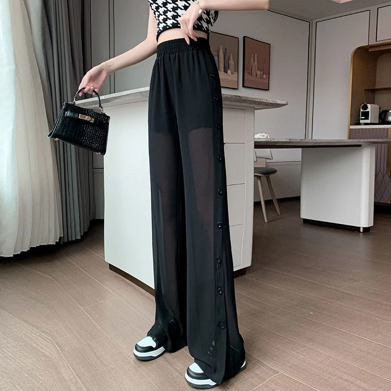 冰丝阔腿裤女夏季薄款中腰垂感拖地裤显瘦雪纺宽松