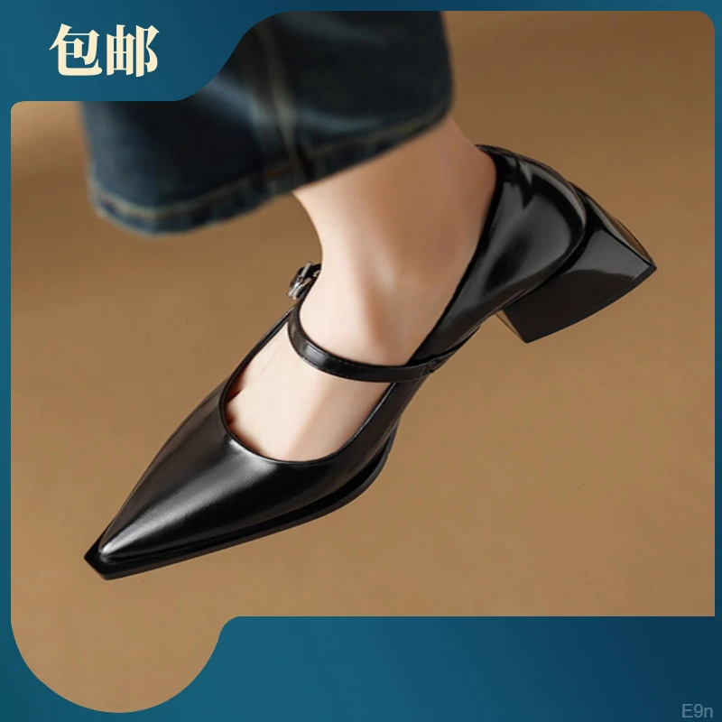 【现货】黑色法式复古尖头高跟鞋女粗跟2025春夏新款软皮一字扣带