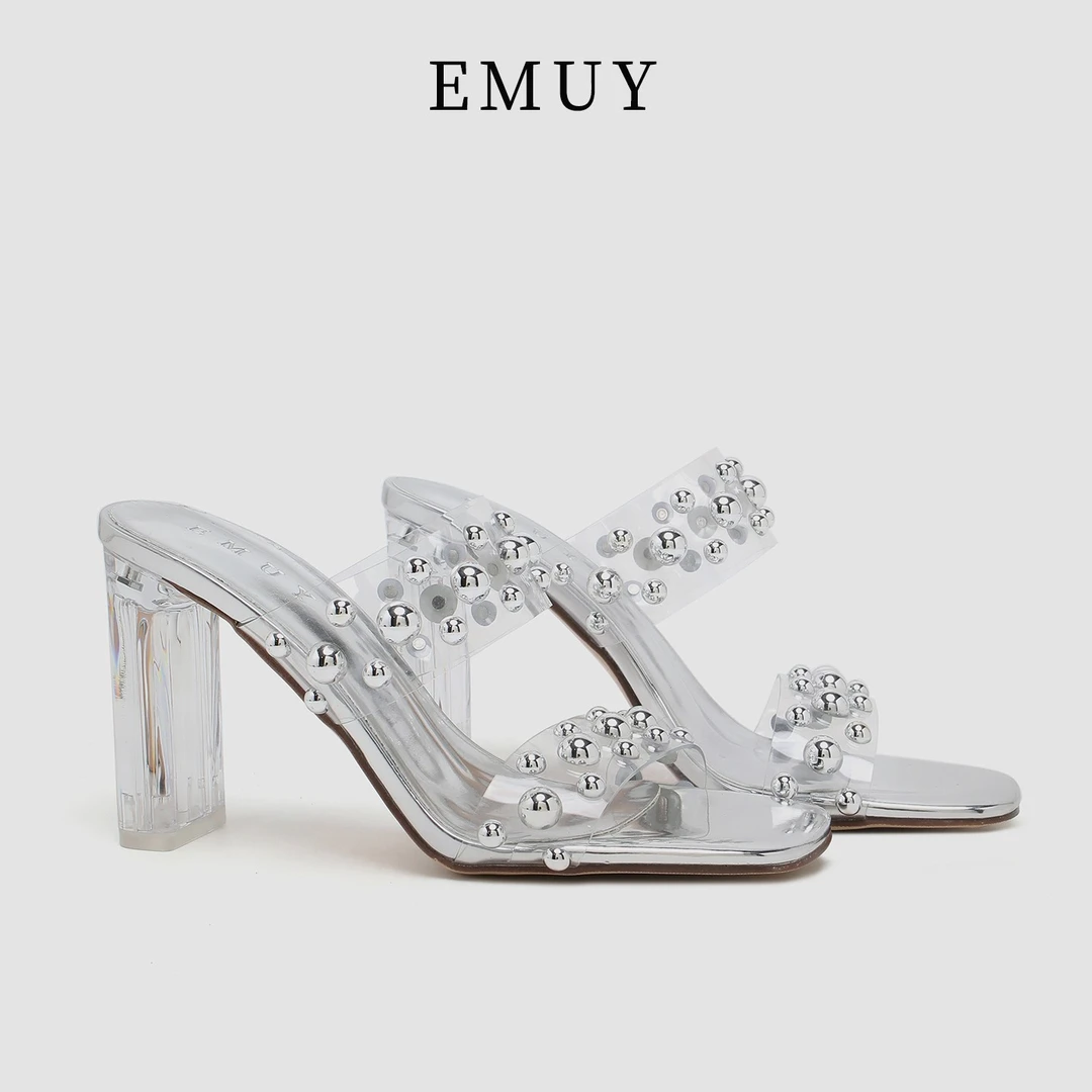 emuy轻奢女鞋透明高跟鞋粗跟方头拖鞋性感时尚一字带铆钉凉鞋女夏