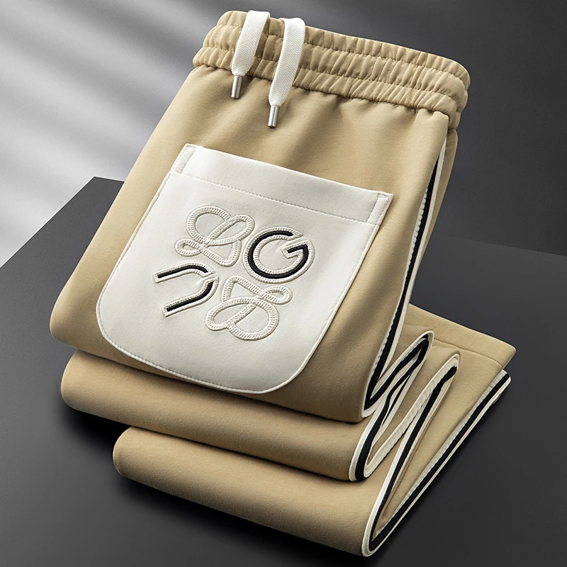 施摩瓦戈秋冬厚款太空棉运动卫裤男款直筒口袋刺绣侧边织带休闲裤