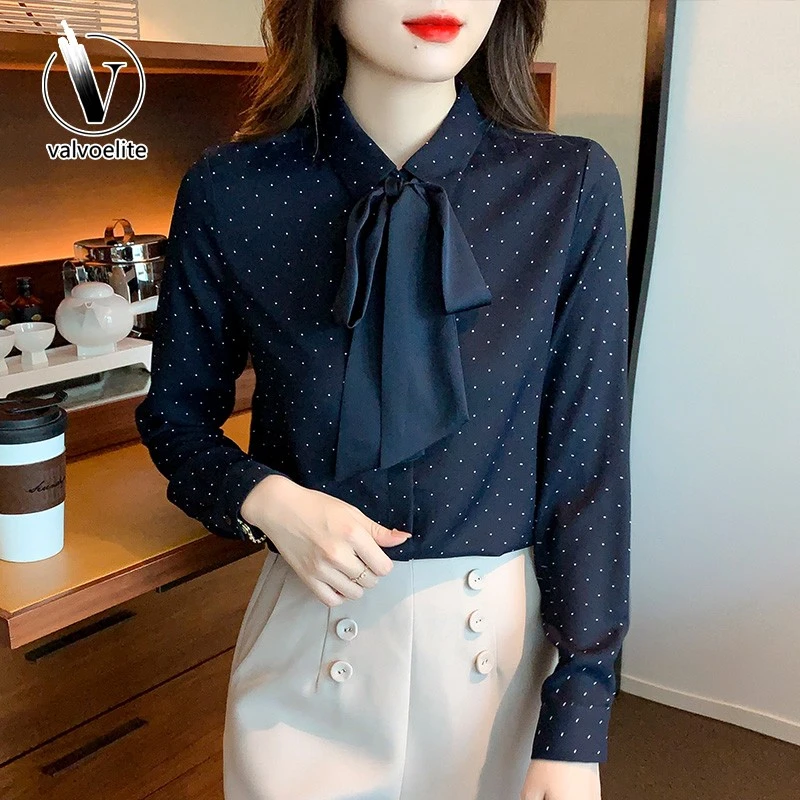 VALVOELITE时尚飘带长袖衬衫女春装新款复古气质波点衬衣洋气上衣