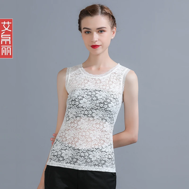 时尚春夏圆领吊带背心女内搭黑色蕾丝白色打底衫无袖上衣外穿薄款