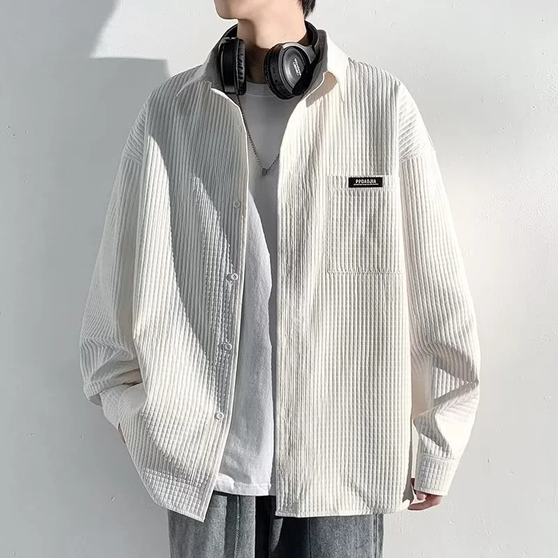 华夫格长袖衬衫男款春秋季潮牌港风宽松白色衬衣休闲男女同款外套