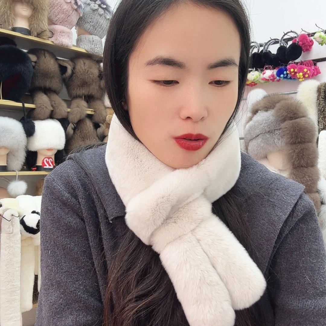 兔毛灰奶茶色兔毛整皮兔耳朵围巾