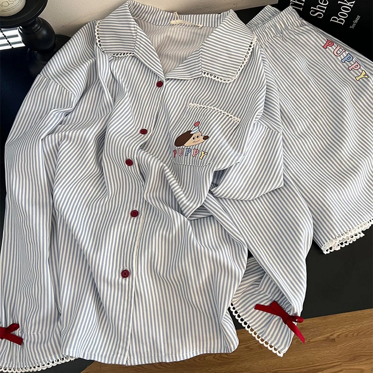 休闲少女感时尚简约条纹睡衣女2025早秋可爱印花长袖短裤家居服