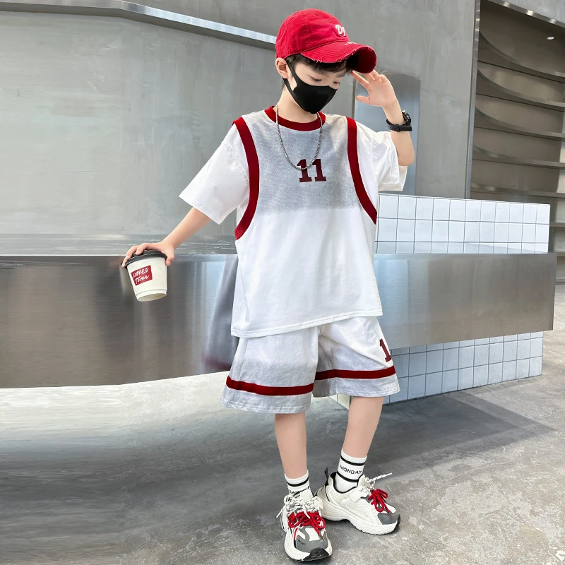 男童夏装运动套装2025新款儿童中大童渐变短袖童装洋气潮酷痞帅