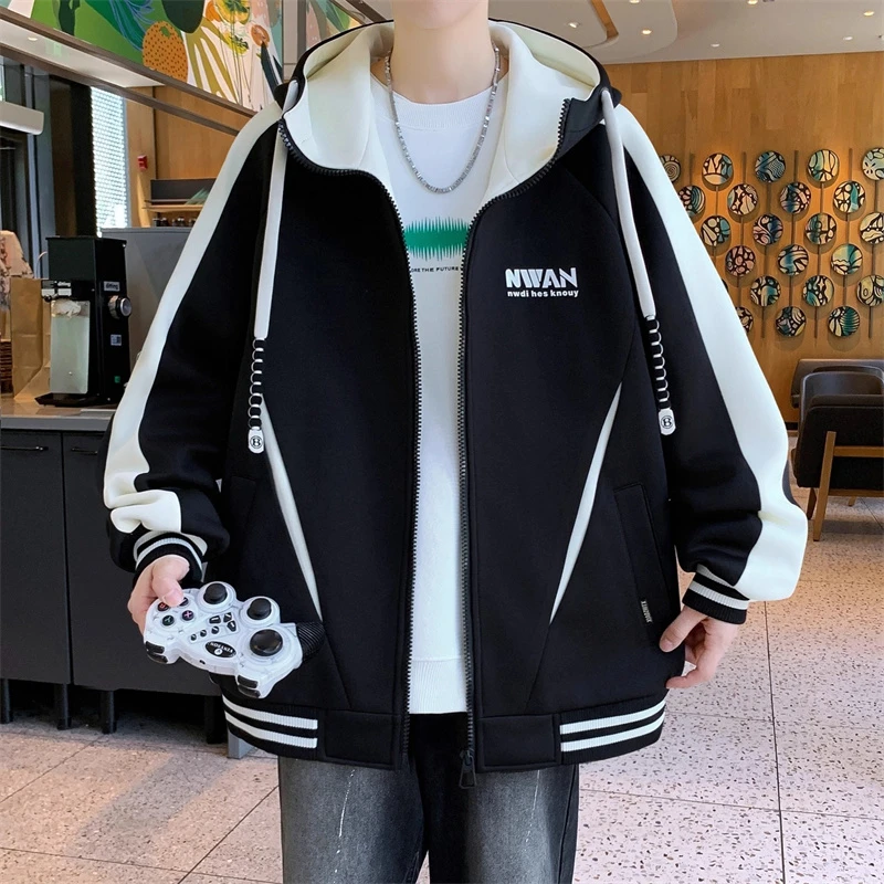 港风潮流连帽夹克男装春秋季新款加肥加大码宽松百搭棒球服外套潮