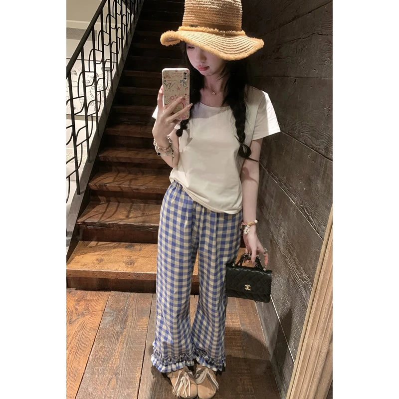 高腰夏季直筒裤休闲裤格子裤复古格子休闲阔腿裤休闲阔腿裤