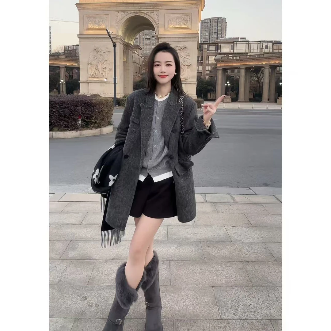 亿越【罗马假日】韩版新中长款西装垫肩枪驳领双面毛呢大衣外套气质