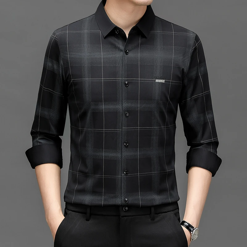 2025春秋新款衬衫男长袖商务休闲无痕格子衬衣免烫男士打底寸衣