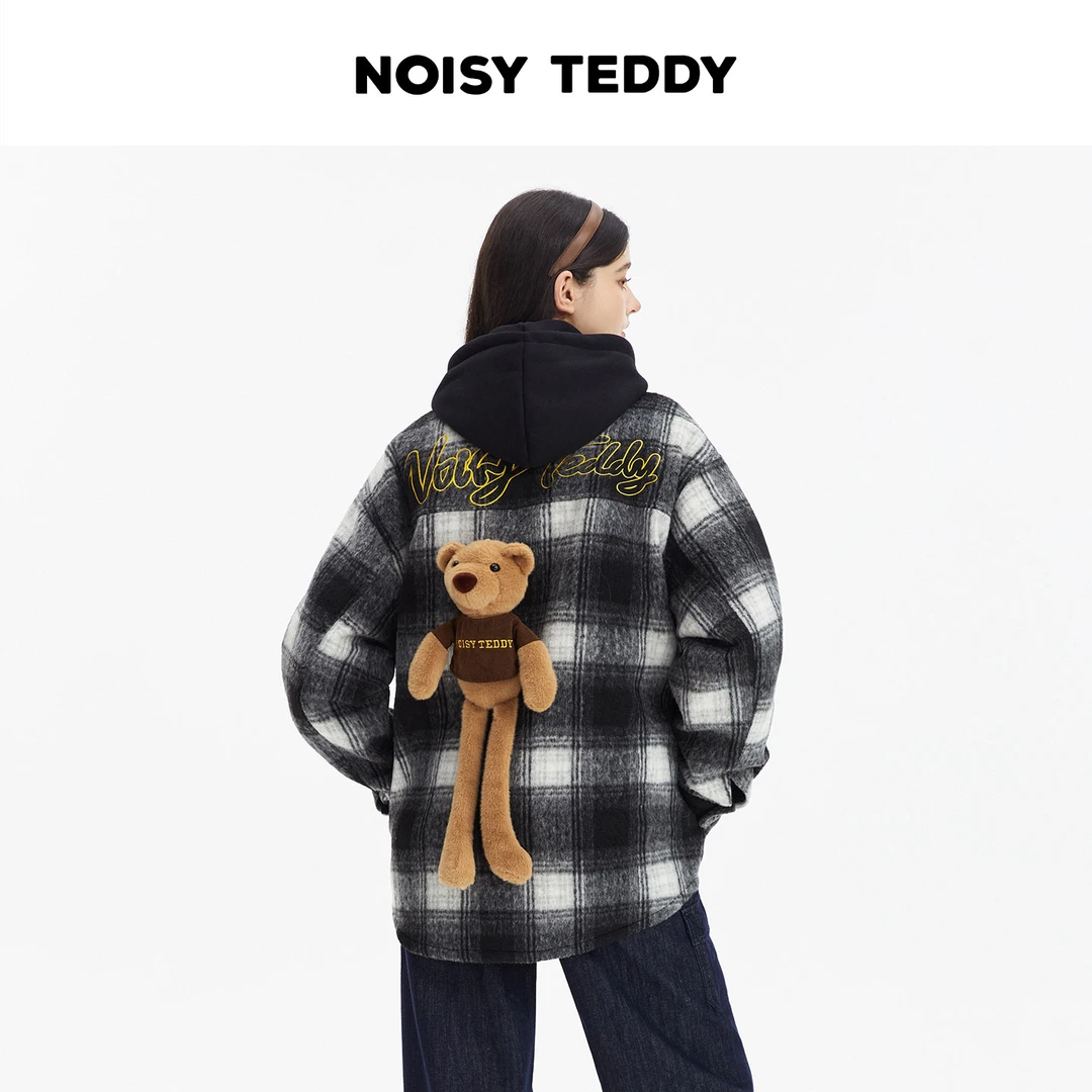 NOISY TEDDY古典小熊玩偶棉服潮酷经典格纹休闲加厚毛呢外套男女