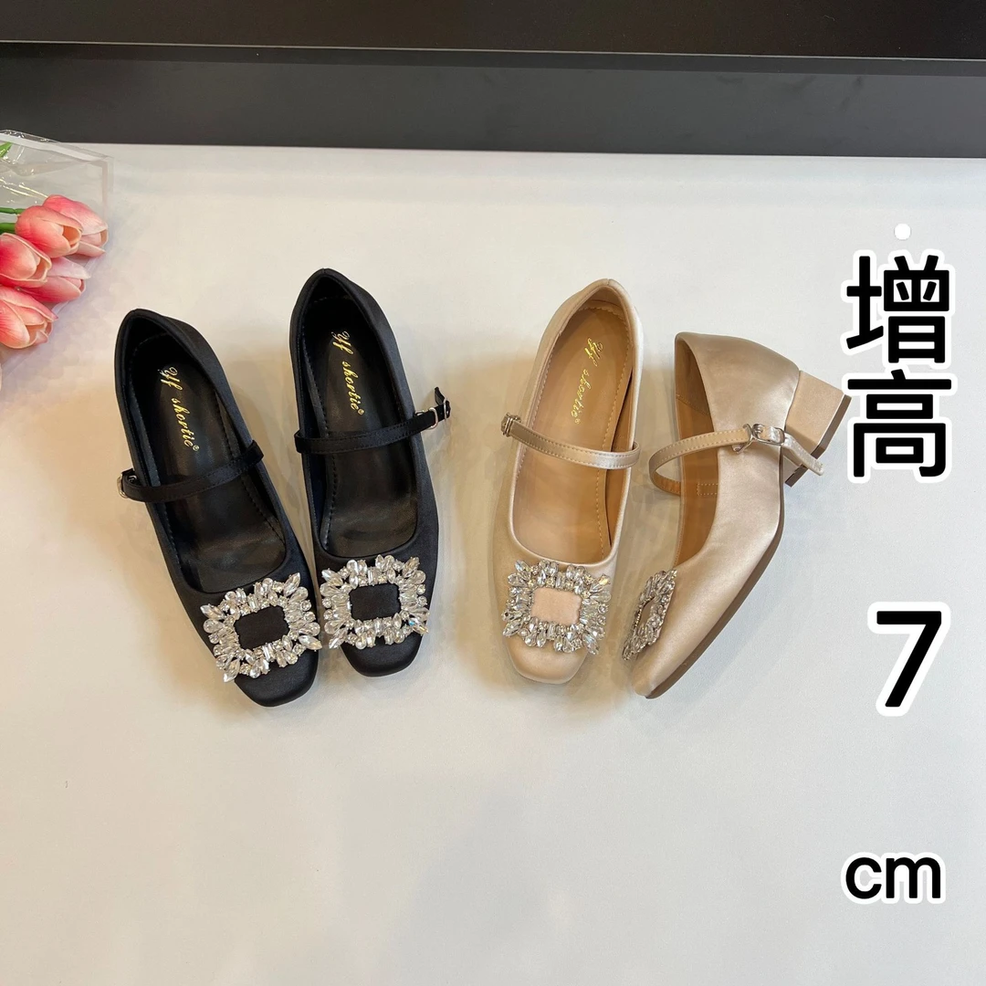 真皮版~7cm小个子内增高玛丽珍鞋一字扣高跟方扣水钻粗跟单鞋女33