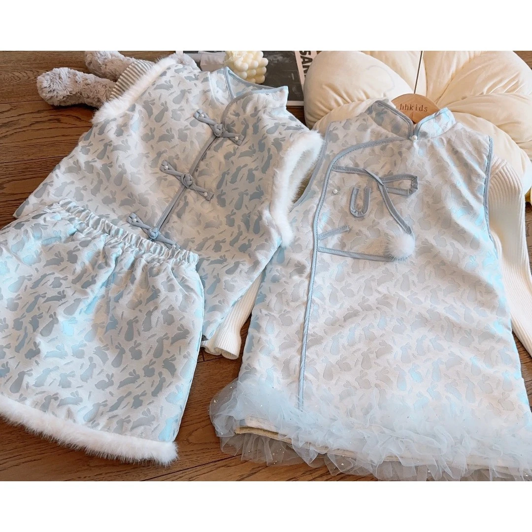 hhkids女童新中式马甲套装2025秋冬新款兔子夹棉女宝背心裙HTZ555