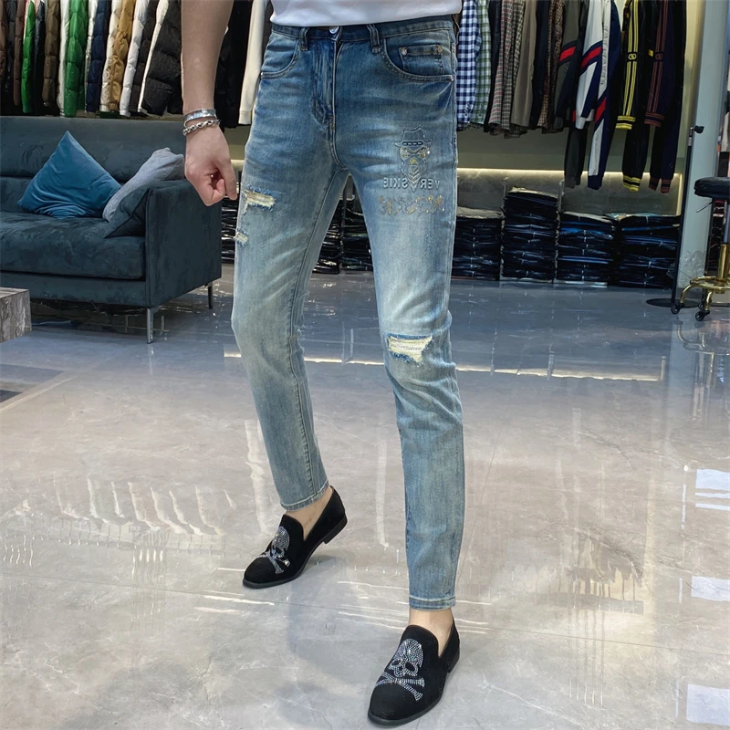 【也许家】新品男士春夏烫钻个性修身弹力小脚牛仔裤BB9875