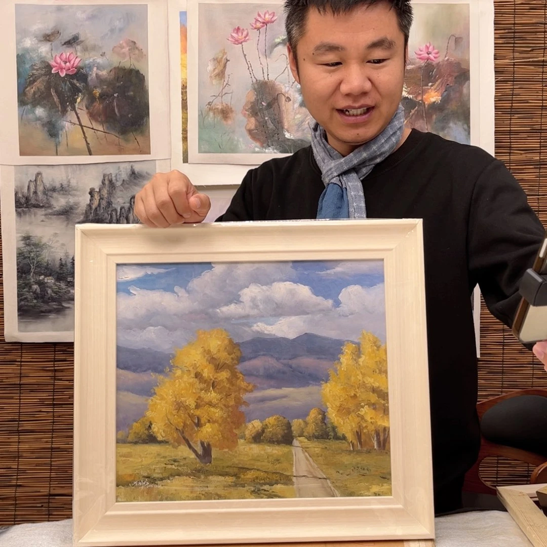 油画行路人小院绘画